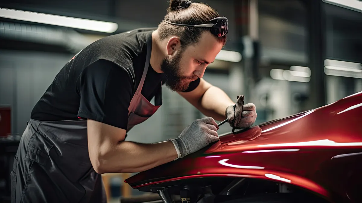 Technician inspecting a freshly repaired fender